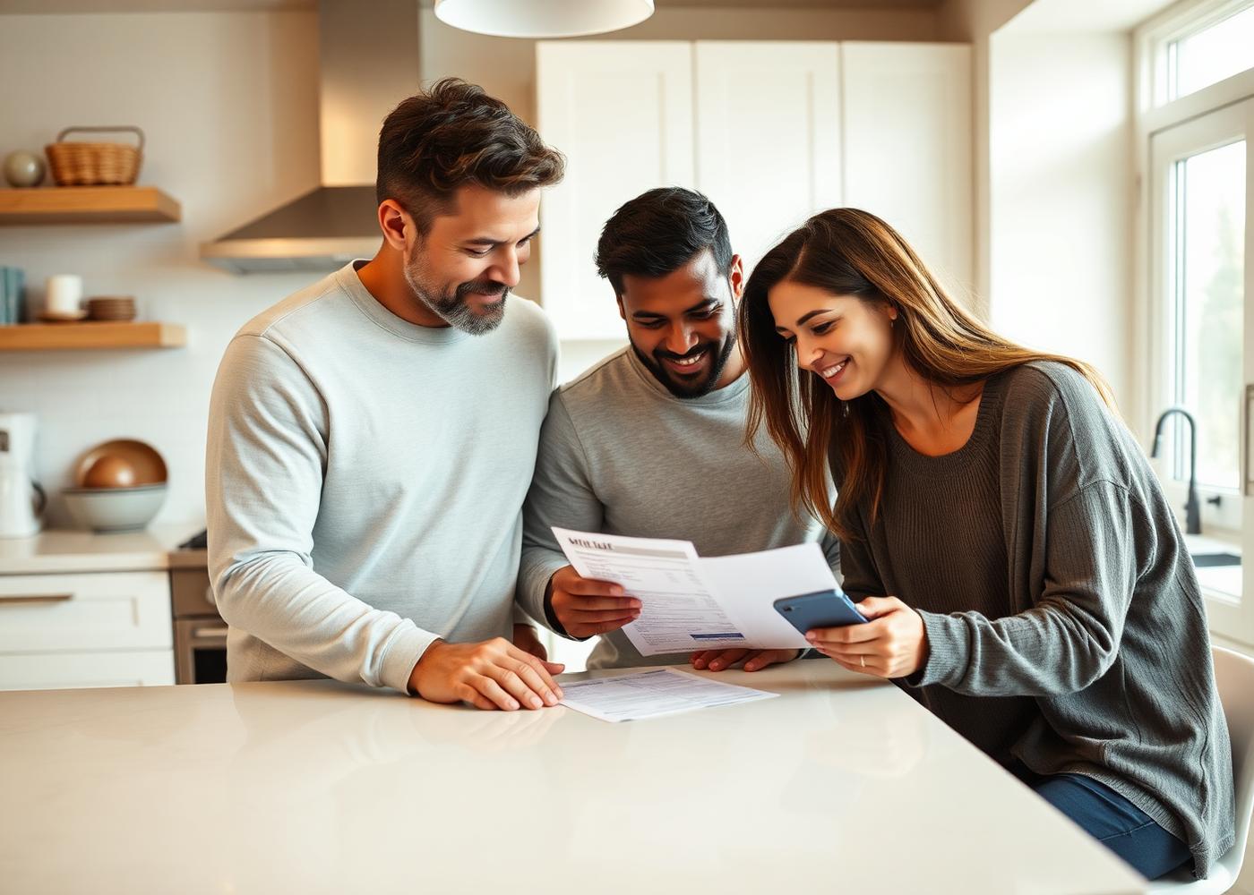 Household reviewing a utility bill together at a kitchen island
