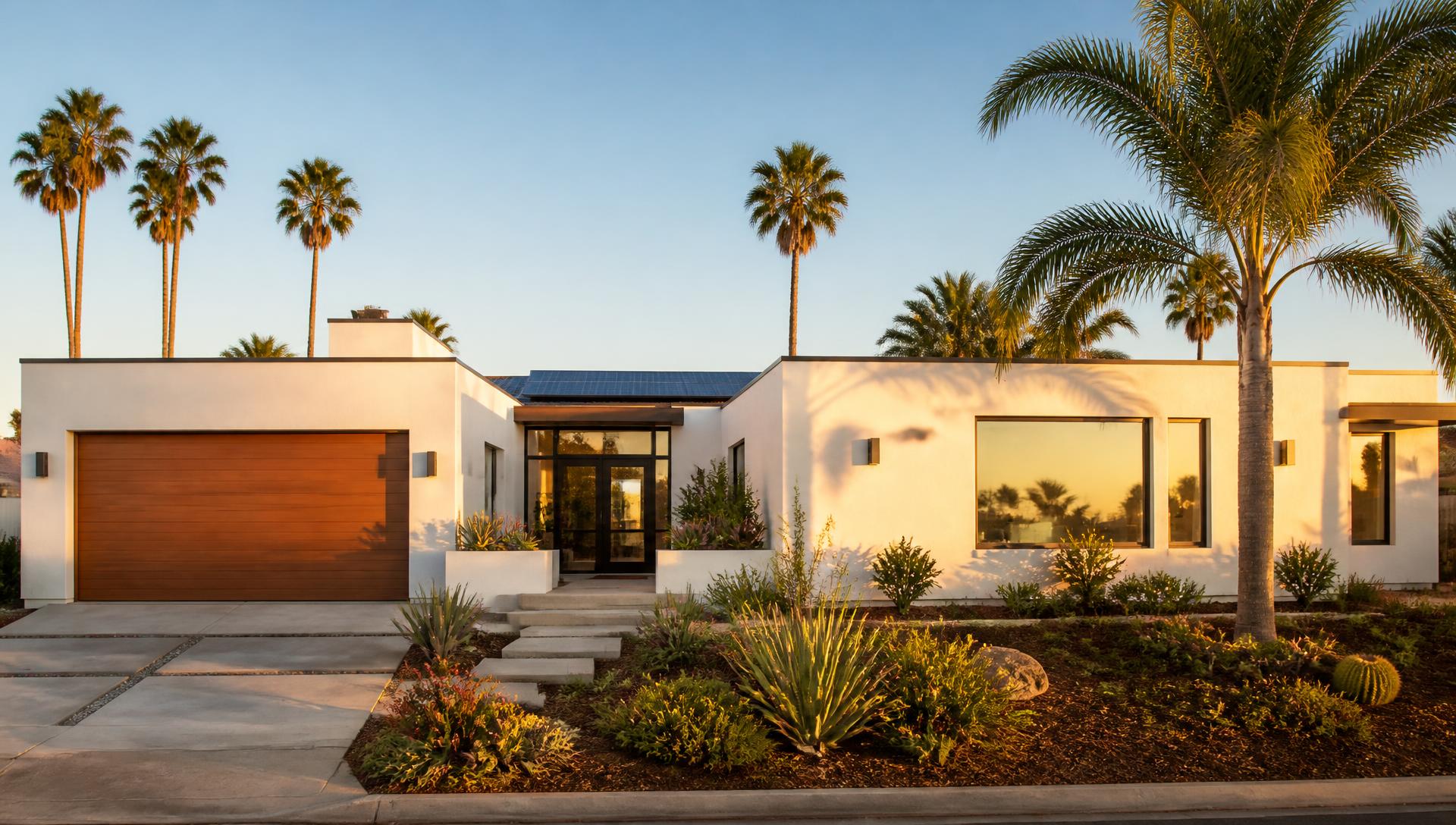 Modern Southern California home at golden hour with palm trees