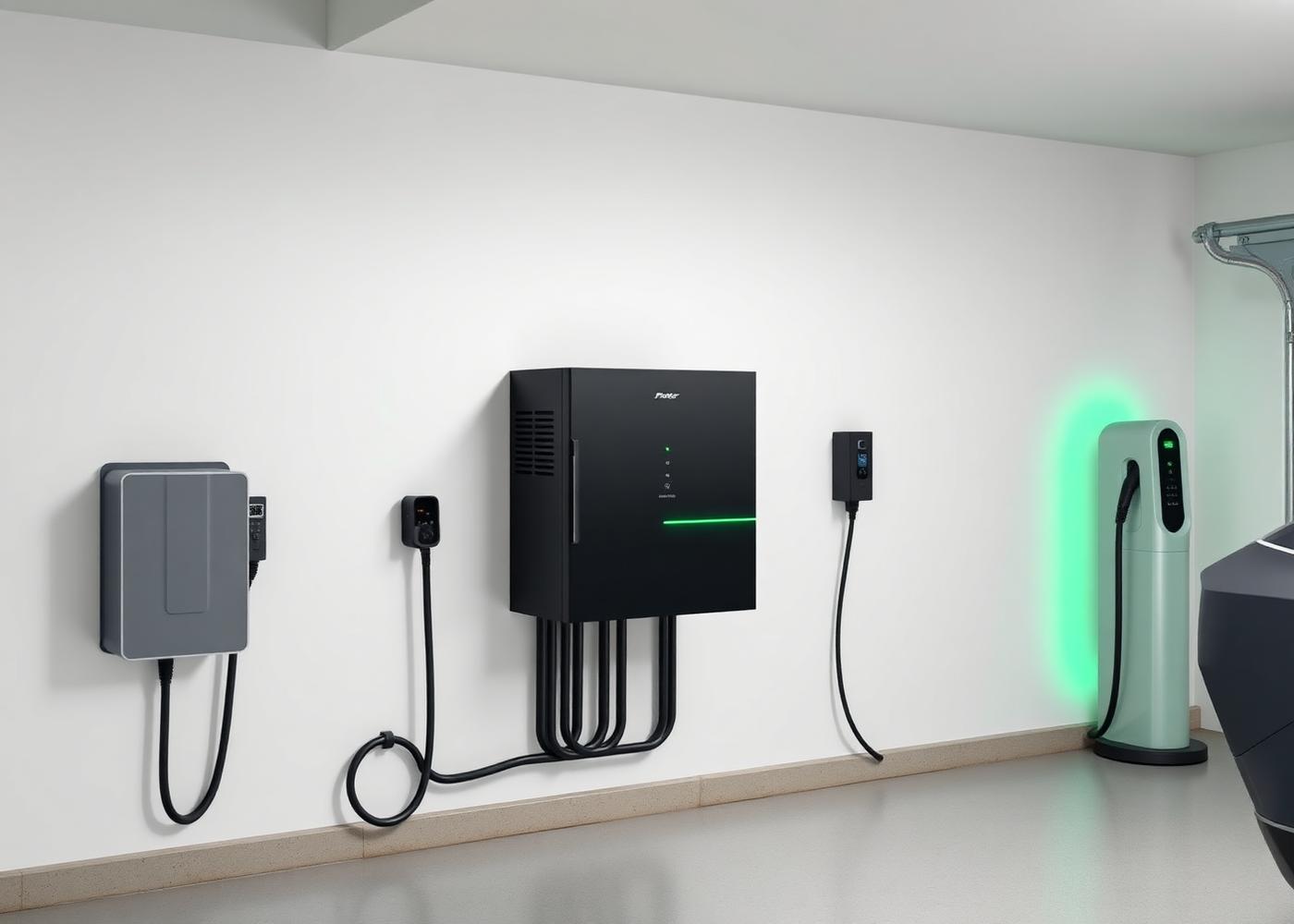 Home battery and EV charger installed in a clean modern garage